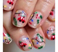 Ceboic 24Pcs Christmas Nude Pink Press on Nails, Cartoon Car False Nails Short Oval, Colorful Light Strips Fake Nails Kit with Jelly Glue Stickers, Acrylic Full Cover Stick on Nail for Women and Girls