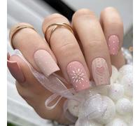 Ceboic 24Pcs Christmas Pink Frosted False Nails Short Square Press on Nails 3D Snowflake Heart Fake Nails with Glue Stickers Xmas Acrylic Full Cover Stick on Nails for Women Holiday Nail Decoration