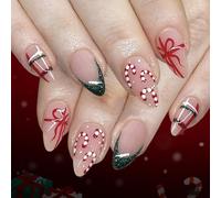 Ceboic 24Pcs Christmas Press on Nails Almond Medium, Nude Pink False Nails with Candy Cane & Bow Designs, Green Glitter Acrylic Fake Nails, Full Cover Gel Stick on Nail for Women Girls Holiday Wear