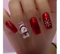 Ceboic 24Pcs Christmas Press on Nails, Square Medium Length Red French Glossy False Nails, Snowflakes Snowman Natural Glue on Nails, Winter Elegant Reusable Acrylic Full Cover Fake Nail for Women