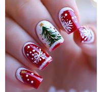Ceboic 24Pcs Christmas Press on Nails, Xmas Tree French False Nails, Snowflake Fake Nails Medium Square, Acrylic Full Cover Glue on Nail, Red White Artificial Stick on Nail for Women Girls Manicure