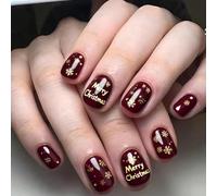 Ceboic 24Pcs Christmas Wine Red Press on Nails, French Short Square False Nails, Cute Snowflake & Merry Christmas Fake Nail, Natural Reusable Acrylic Glitter Full Cover Stick on Nails for Women Girls