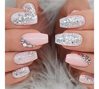 Ceboic 24Pcs Coffin Press on Nails, Acrylic Full Cover Fake Nails in 12 Sizes, Medium Length Glossy Fake Nails, Shiny Pink Stick on Nails with Rhinestones Designs for Women and Girls DIY Manicure