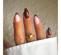 Ceboic 24Pcs False Nails Almond Medium, Brown French Tip Press on Nails with White Polka Dot Design, Elegant Glossy Fake Nails, Solid Color Acrylic Removable Glue on Nail for Women Girls Daily Wear