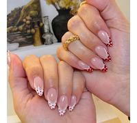 Ceboic 24Pcs False Nails Almond Medium, French Tip Press on Nails with Red White Polka Dots and Lace Design, Ballerina Elegant Fake Nails, Full Cover Artificial Stick on Nail for Women Girls Manicure