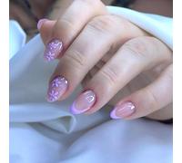 Ceboic 24Pcs False Nails Almond Medium, Purple Daisy French Tip Press on Nails, Spring Acrylic Fake Nail Set with Glue Stickers, Handmade Reusable Elegant Stick on Nails for Women Girls Daily Wear