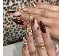 Ceboic 24Pcs False Nails Long Almond, 3D Flowers French Tip Press on Nails, Brown Leopard Print Fake Nail, Gold Line Glue on Nails, Handmade Natural Acrylic Nail Kit for Women and Girlfriend