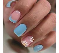 Ceboic 24Pcs False Nails Short, Glossy Square Stick on Nails, Acrylic Full Cover French Tip Press on Nails, Reusable Solid Color Nail with Flower Design for Women and Girls Nail Art - Sky Blue