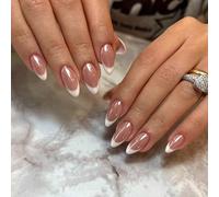 Ceboic 24Pcs French False Nails Almond Medium, Glossy White Tips Press on Nails, Elegant Acrylic Ballerina Fake Nails, Natural Removable Full Cover Stick on Nail for Women Girls Manicure Decorations