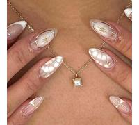 Ceboic 24Pcs French False Nails Almond Medium, Gold Star Press on Nails, White Gradient Glossy Fake Nails with Glue Stickers, Luxury Rhinestones Acrylic Stick on Nail for Women Girls Daily Wear