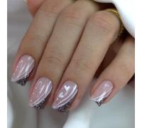 Ceboic 24Pcs French Press on Nails, Short Square Nude Pink False Nails in 12 Sizes, Love Heart & Lines Design Fake Nails, Acrylic Full Cover Stick on Nails for Women and Girls Salon Home Use