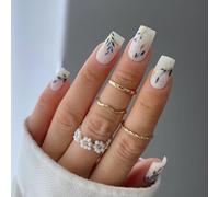 Ceboic 24Pcs French Press on Nails, Square Medium Ballerina Stick on False Nails, Gold Blue Leaves Acrylic Fake Nails Reusable Glue on Nail Women Girls Nail Art Accessories - Elegant White