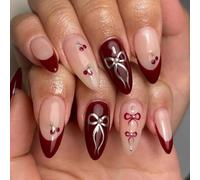 Ceboic 24Pcs French Tip Almond False Nails, Medium Glossy Cherry Red Press on Nails with Bow Design, Removable Full Cover Acrylic Stick on Nails for Women Girls Nail Art Accessories