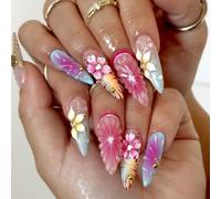 Ceboic 24Pcs French Tip False Nails, Long Stiletto Press on Nails, 3D Lily Stripes False Nails, Gradient Acrylic Full Cover Fake Nail with Rhinestones, Elegant Luxury Stick on Nail for Women Girls