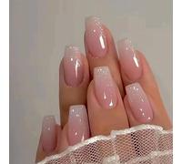 Ceboic 24Pcs French Tip False Nails, Nude Pink Gradient Press on Nails Medium Length Square Ballerina Acrylic Full Cover Fake Nails with Glue Stickers, Natural Glitter Stick on Nail for Women Girls