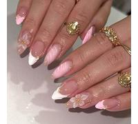 Ceboic 24Pcs French Tip Press on Nails Almond Medium, Pink White False Nails with 3D Embossed Flowers Design, Luxury Gold Beads Fake Nails, Elegant Acrylic Stick on Nail for Women Girls DIY Manicure