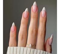 Ceboic 24Pcs French Tip Press on Nails, Pink White False Nails Almond Medium, Elegant Acrylic Full Cover Fake Nail with Glue Stickers, Natural Reusable Glue on Nails for Women Girls DIY Manicure