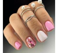 Ceboic 24Pcs French Tip Short Square Press on Nails with Glitter Design, Solid Color Acrylic Fake Nails, Pink White Sequins Natural Stick on Nails for Women and Girls DIY Nail Art