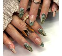 Ceboic 24Pcs Green False Nails Almond Medium, French Tip Press on Nails, Gold Chrome Line Star Acrylic Fake Nail, Artificial Reusable Full Cover Stick on Nails for Women Girls DIY Manicure