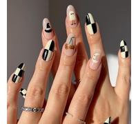 Ceboic 24pcs Halloween Almond Fake Nails, French False Nails Medium Length, Artificial Press on Nail with Black White Checkerboard & Pumpkin Pattern, Acrylic Full Cover Stick on Nail for Women Girls