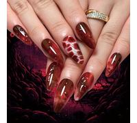 Ceboic 24pcs Halloween Fake Nails, 12 Sizes Medium Almond Press on Nails, Blood Red Smudge False Nails with Glue Stickers, 3D Acrylic Full Cover Stick on Nails Women Girls Nail Art Accessories