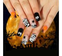 Ceboic 24Pcs Halloween French False Nails Short, Glossy Square Press on Nails, Acrylic Full Cover Stick on Nails, Removable Manicure Kit with Cartoon Design for Women and Girls - Eyes in the Dark