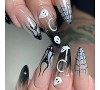 Ceboic 24Pcs Halloween French Press on Nails - Long Almond False Nails Full Cover Fake Nails with Cute Ghost Pattern - Removable Stick on Nail Acrylic Manicure Kit for Women Girls