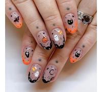 Ceboic 24Pcs Halloween French Press on Nails Short Almond False Nails with Monster Design Full Cover Fake Nails Acrylic Stick on Nail Removable Glue on Nail Manicure Kit for Women Girls