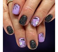 Ceboic 24Pcs Halloween French Press on Nails, Short Square Purple Black Artificial Glue on Nails, Glitter Acrylic Full Cover False Nail with Bat Ghost Spider Web, Reusable Stick on Nails for Women