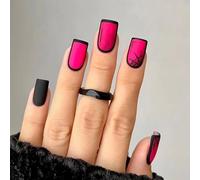 Ceboic 24Pcs Halloween French Tip False Nails, Short Square Press on Nails, Glossy Acrylic Stick on Nails, Reusable Manicure Kit with Black Border Design for Women and Girls Nail Art - Pink Spider Web