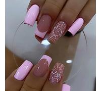 Ceboic 24Pcs Halloween Medium Coffin Pink French False Nails - Cute Love & Spiderweb Pattern Press on Acrylic Full Cover Glue on for Women and Girls