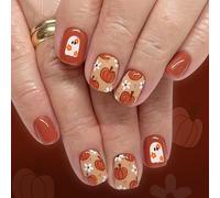 Ceboic 24Pcs Halloween Orange French Press on Nails, Short Square False Nails with Cute Ghost Pumpkin Flowers Design, Acrylic Full Cover Fake Nail, Removable Stick on Nails for Women DIY Manicure