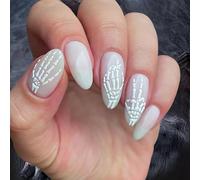 Ceboic 24pcs Halloween Press on Nails Almond, White Fake Nails Medium Length, Acrylic Full Cover False Nail with Skeleton Hand Design, Pure Color Glue on Nail for Women Girls Cosplay Decoration