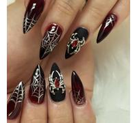 Ceboic 24Pcs Halloween Press on Nails Medium Almond Black Red Gradient Fake Nails with 3D Spider & Spider Web Design French False Nails Reusable Artificial Acrylic Full Cover Stick on Nail for Women