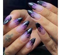 Ceboic 24Pcs Halloween Press on Nails Medium Almond Fake Nails Purple Glitter French Tip False Nails with Spider Web Design Full Cover Artificial Glue on Nail Reusable Acrylic Stick on Nail for Women