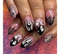 Ceboic 24Pcs Halloween Press on Nails Medium Almond Fake Nails with Spider Web Ghost Flame Designs French Tip False Nails Full Cover Artificial Glue on Nail Spooky Acrylic Stick on Nail for Women