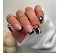 Ceboic 24Pcs Halloween Press on Nails Medium Square, French Tip Fake Nails with Ghost Pumpkin Design, Black Pink Glossy False Nails, Acrylic Full Cover Stick on Nails for Women Girls Party Wear
