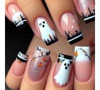 Ceboic 24Pcs Halloween Press on Nails Medium Square Nude Pink Fake Nails with Cute Jack-o'-lantern Ghost Design French Tip False Nails Reusable Artificial Full Cover Stick on Nail for Women Girls