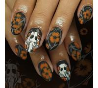 Ceboic 24Pcs Halloween Press on Nails Short Almond, Black French Tip False Nails, Orange Flowers Glue on Nail with Ghost Design, Natural Reusable Acrylic Full Cover Stick on Nails for Women Girls