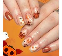 Ceboic 24Pcs Halloween Press on Nails, Short Square French False Nails with Flowers Pumpkin Ghost Design, Orange Glitter Acrylic Full Cover Fake Nail, Cute Reusable Stick on Nails for Women Manicure