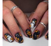 Ceboic 24Pcs Halloween Press on Nails, Short Square French Tips False Nails with White Ghost Yellow Flowers Designs, Horror Black Forest Fake Nail, Acrylic Full Cover Stick on Nails for Women Girls