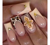 Ceboic 24Pcs Medium Long Press on Nails, Square Nude Pink Glossy False Nails, White French Natural Fake Nails, Leopard Print Flowers Stars Acrylic Full Cover Stick on Nail for Women and Girls Nail Art