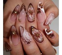 Ceboic 24Pcs Press on Nails Almond Medium, 3D Embossed Flower Brown False Nails with Gold Rhinestones Beads, Gradient Glossy Fake Nails, Luxury Elegant Stick on Nail for Women Finger Decoration
