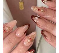 Ceboic 24Pcs Press on Nails Almond Medium, French Tip False Nails with Red Rhinestone, Gold Flowers Glue on Nail, Luxury Acrylic Fake Nails, Glossy Reusable Stick on Nail for Women Girls Manicure Art