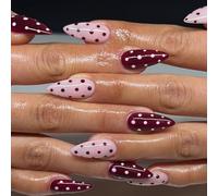 Ceboic 24Pcs Press on Nails Almond Medium, Pink Red Stiletto False Nails with Polka Dots Designs, Elegant Glossy Artificial Fake Nails, Natural Reusable Glue on Nail for Women & Girls DIY Decorations