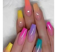Ceboic 24Pcs Press on Nails Coffin, Medium Length Rainbow Gradient False Nails, Ballerina Acrylic Full Cover Stick on Nails, Removable Artificial Glue on Nail for Women and Girls Daily Holiday Wear
