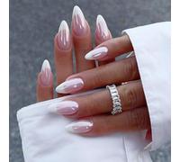 Ceboic 24Pcs Press on Nails Medium Almond, Aurora Pink French White Tip False Nails, Reusable Natural Fit Stick on Nails, Glossy Glitter Acrylic Stiletto Fake Nail Kit for Women Girls