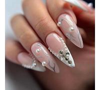 Ceboic 24Pcs Press on Nails Medium Almond, White Pink Ballerina Luxury Fake Nails, French Glossy False Nails with Pearl Rhinestones Designs, Stiletto Stick on Nails for Women Girls Wedding Birthday