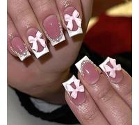 Ceboic 24Pcs Press on Nails Medium Square, Pink White French False Nails with 3D Bow & Pearls, Ballerina Elegant Fake Nail Kit, Removable Reusable Full Cover Acrylic Stick on Nails for Women Girls