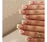 Ceboic 24Pcs Press on Nails Medium Square, Yellow French Tip False Nails with 3D Flower and Gold Beads Design, Elegant Acrylic Fake Nails, Reusable Full Cover Glue on Nail for Women Girls Daily Wear